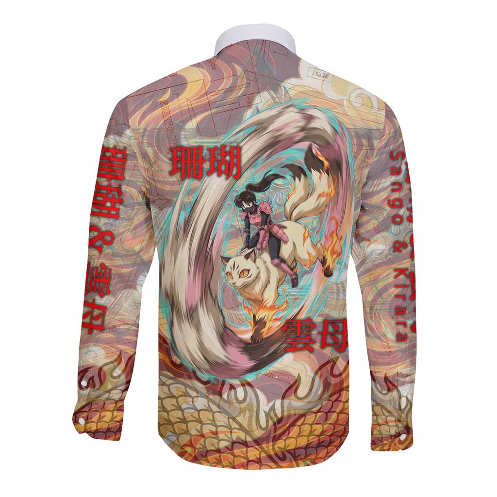 Sango and Kirara Inuyasha Series Long Sleeve Button Shirt Mythical Anime Style with Flame and Scale Motif