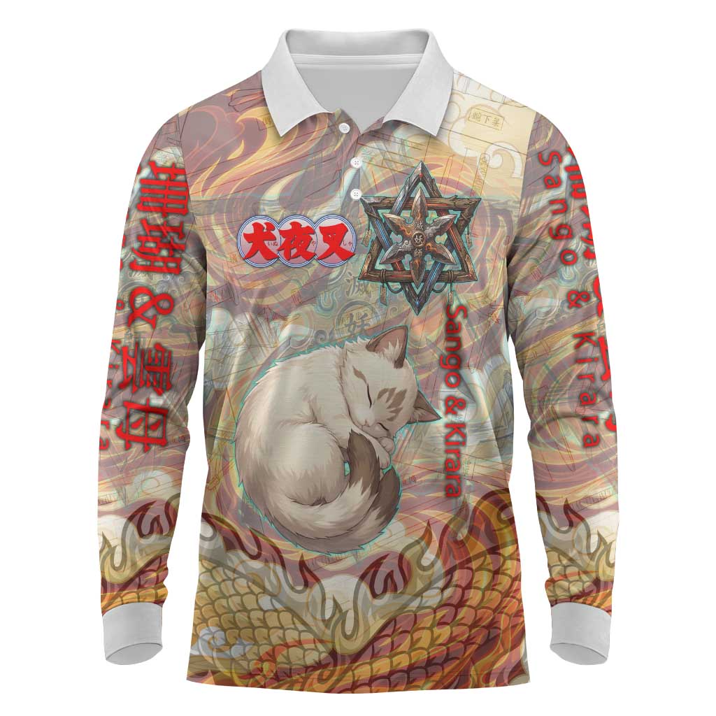 Sango and Kirara Inuyasha Series Long Sleeve Polo Shirt Mythical Anime Style with Flame and Scale Motif