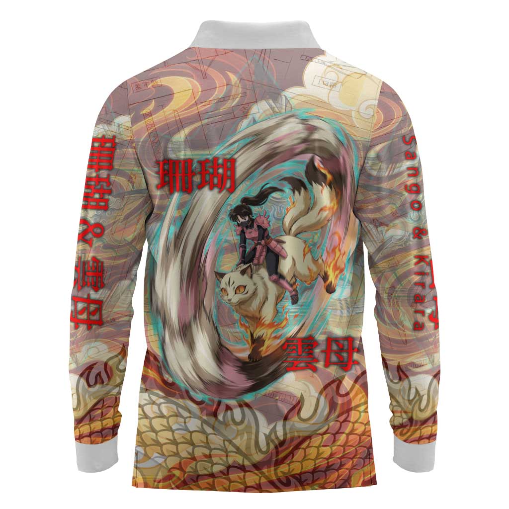 Sango and Kirara Inuyasha Series Long Sleeve Polo Shirt Mythical Anime Style with Flame and Scale Motif