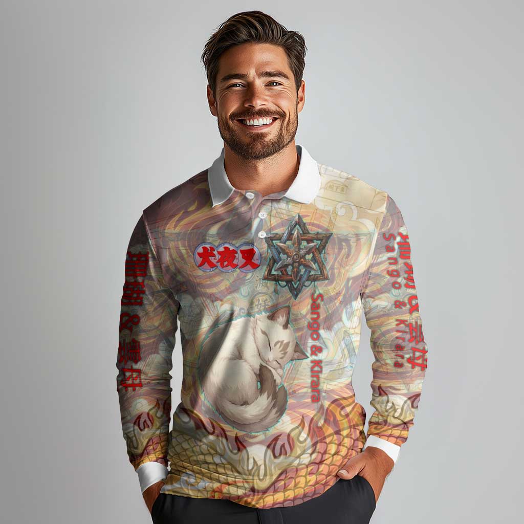 Sango and Kirara Inuyasha Series Long Sleeve Polo Shirt Mythical Anime Style with Flame and Scale Motif