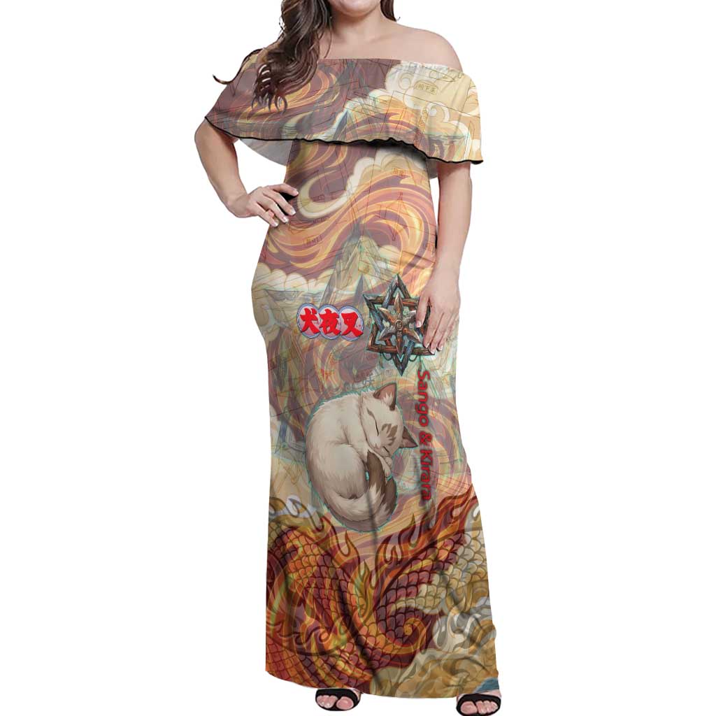 Sango and Kirara Inuyasha Series Off Shoulder Maxi Dress Mythical Anime Style with Flame and Scale Motif
