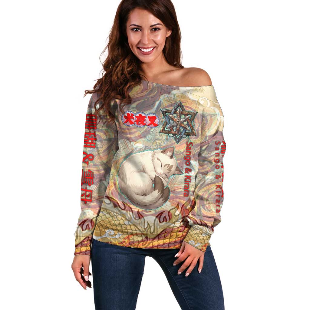 Sango and Kirara Inuyasha Series Off Shoulder Sweater Mythical Anime Style with Flame and Scale Motif