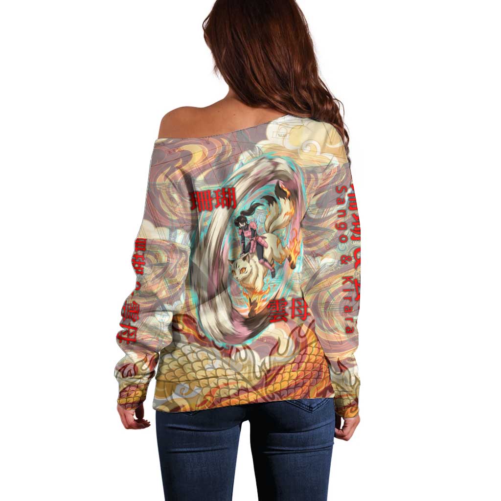 Sango and Kirara Inuyasha Series Off Shoulder Sweater Mythical Anime Style with Flame and Scale Motif