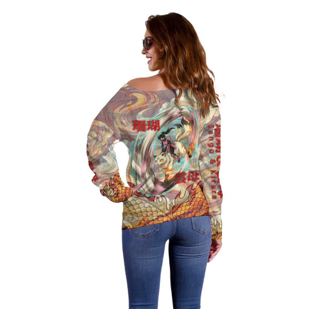 Sango and Kirara Inuyasha Series Off Shoulder Sweater Mythical Anime Style with Flame and Scale Motif