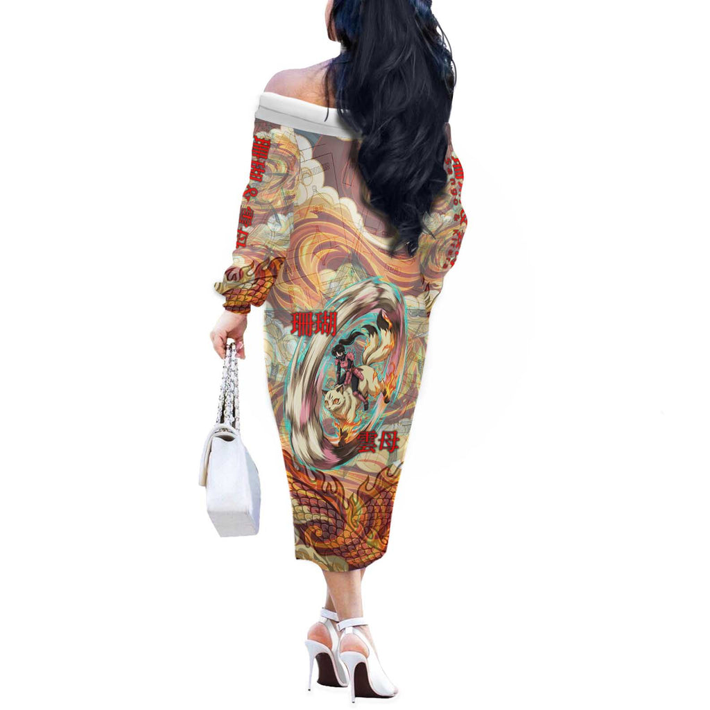 Sango and Kirara Inuyasha Series Off The Shoulder Long Sleeve Dress Mythical Anime Style with Flame and Scale Motif