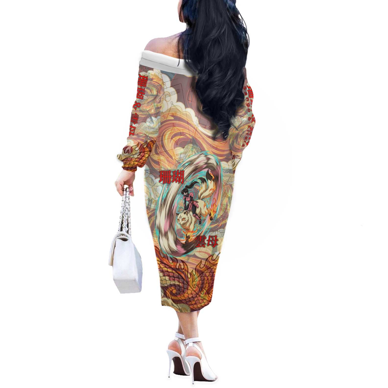 Sango and Kirara Inuyasha Series Off The Shoulder Long Sleeve Dress Mythical Anime Style with Flame and Scale Motif