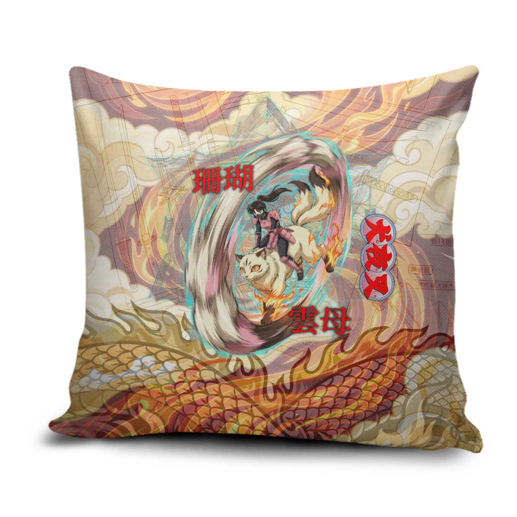 Sango and Kirara Inuyasha Series Pillow Cover Mythical Anime Style with Flame and Scale Motif