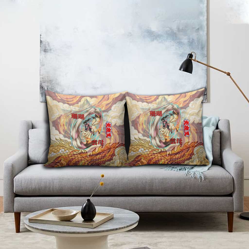 Sango and Kirara Inuyasha Series Pillow Cover Mythical Anime Style with Flame and Scale Motif