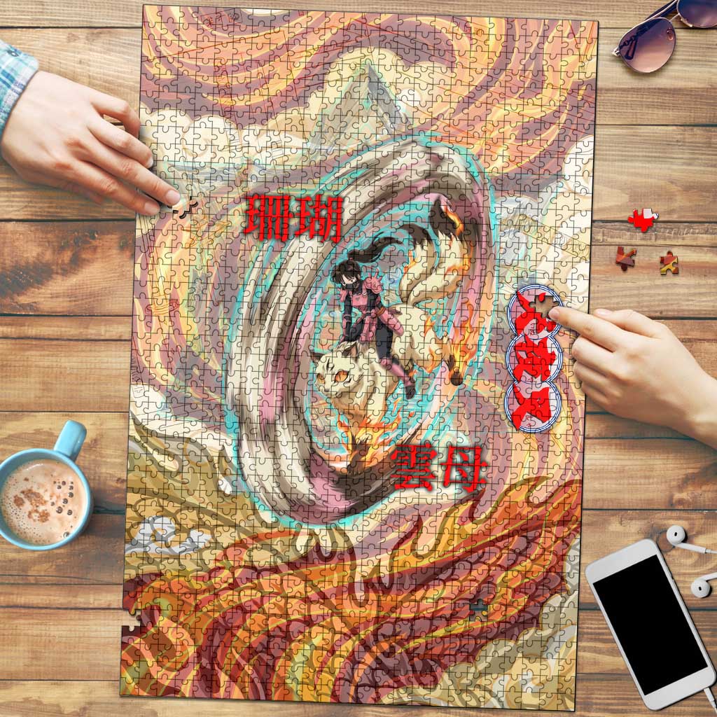 Sango and Kirara Inuyasha Series Puzzle Mythical Anime Style with Flame and Scale Motif