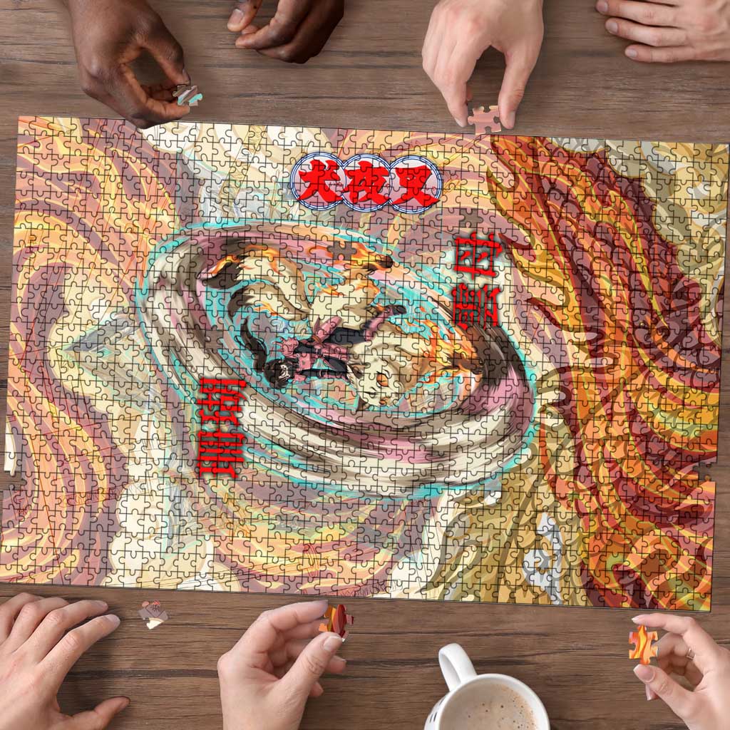 Sango and Kirara Inuyasha Series Puzzle Mythical Anime Style with Flame and Scale Motif