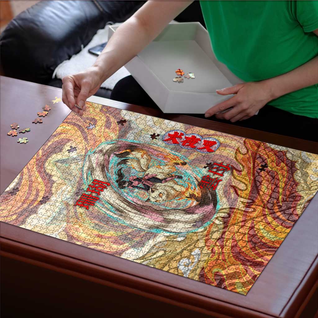 Sango and Kirara Inuyasha Series Puzzle Mythical Anime Style with Flame and Scale Motif