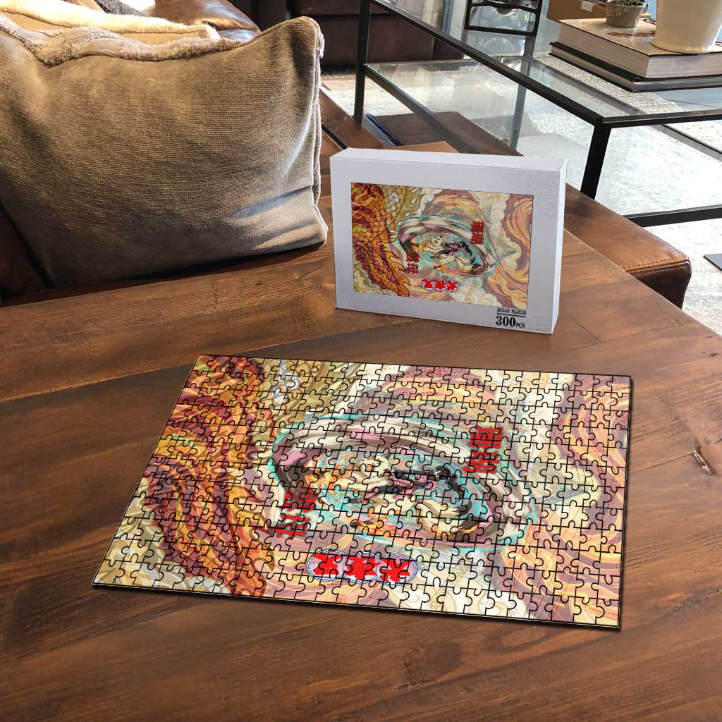 Sango and Kirara Inuyasha Series Puzzle Mythical Anime Style with Flame and Scale Motif