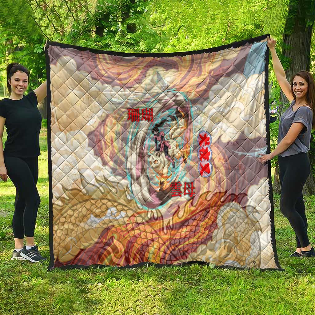 Sango and Kirara Inuyasha Series Quilt Mythical Anime Style with Flame and Scale Motif