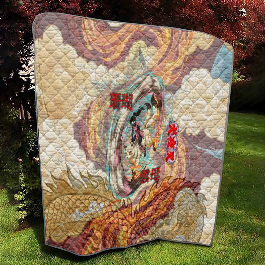 Sango and Kirara Inuyasha Series Quilt Mythical Anime Style with Flame and Scale Motif