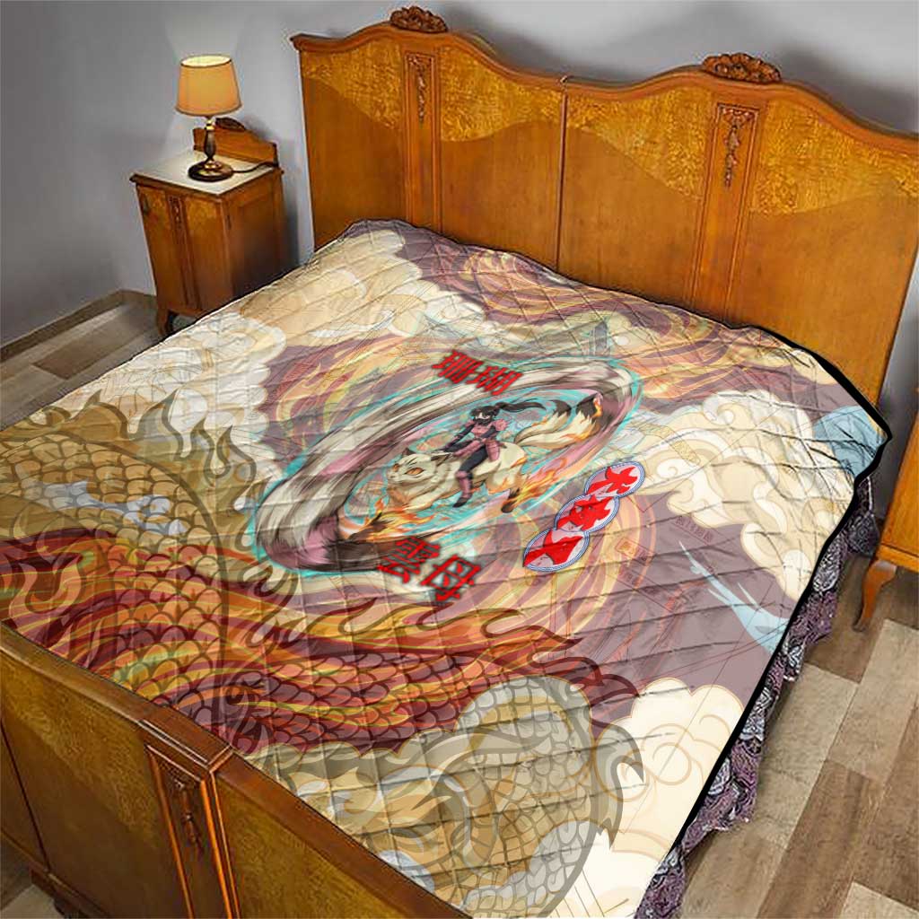 Sango and Kirara Inuyasha Series Quilt Mythical Anime Style with Flame and Scale Motif