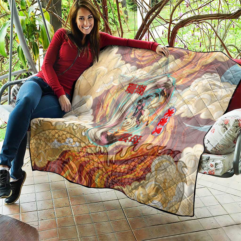 Sango and Kirara Inuyasha Series Quilt Mythical Anime Style with Flame and Scale Motif