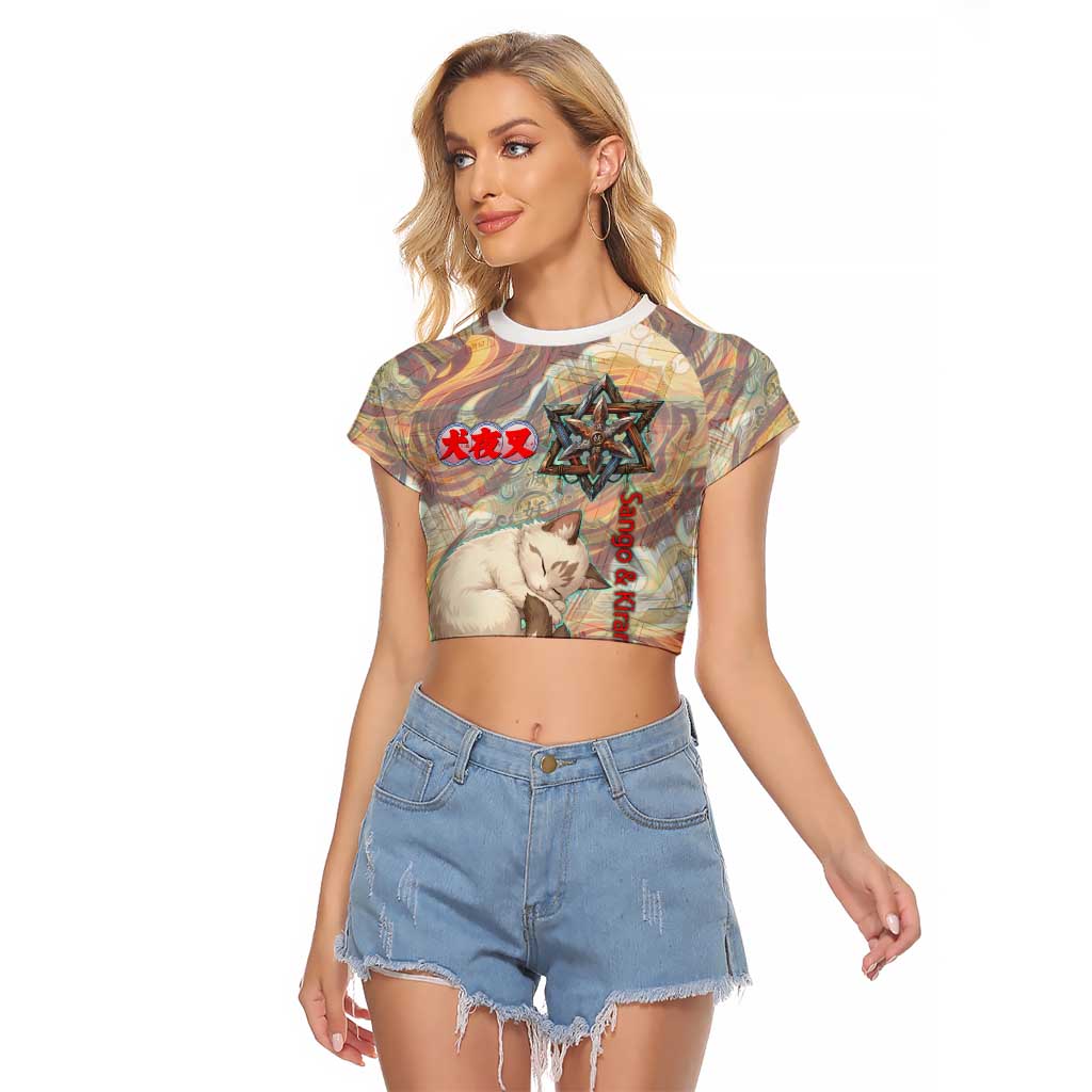 Sango and Kirara Inuyasha Series Raglan Cropped T Shirt Mythical Anime Style with Flame and Scale Motif