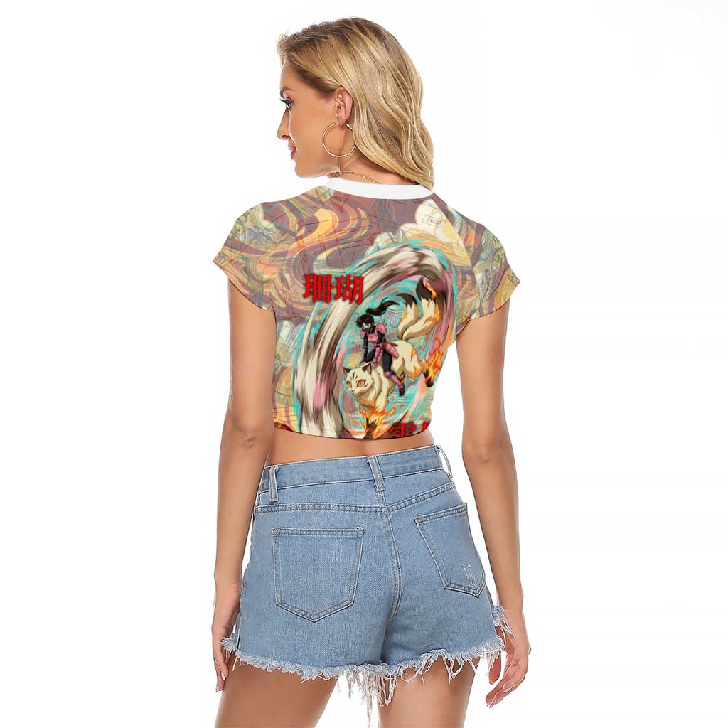 Sango and Kirara Inuyasha Series Raglan Cropped T Shirt Mythical Anime Style with Flame and Scale Motif
