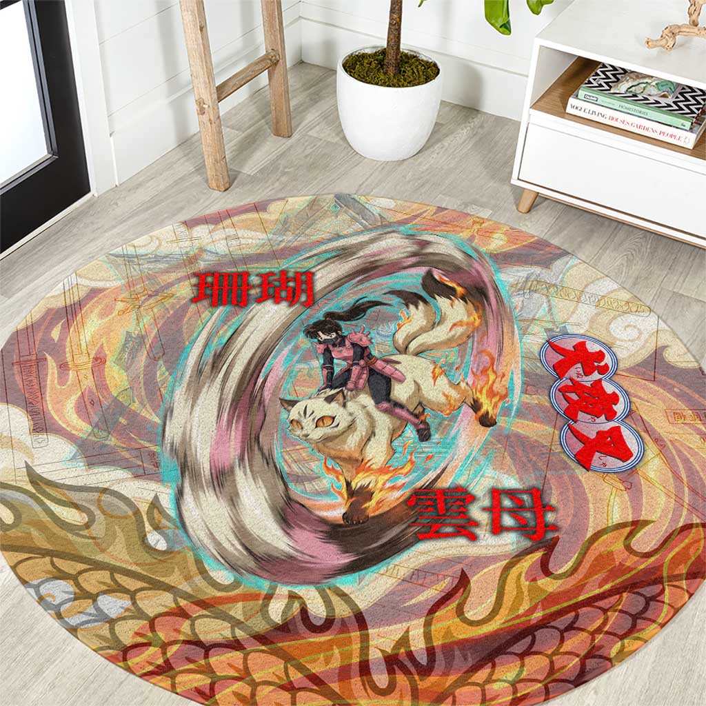 Sango and Kirara Inuyasha Series Round Carpet Mythical Anime Style with Flame and Scale Motif