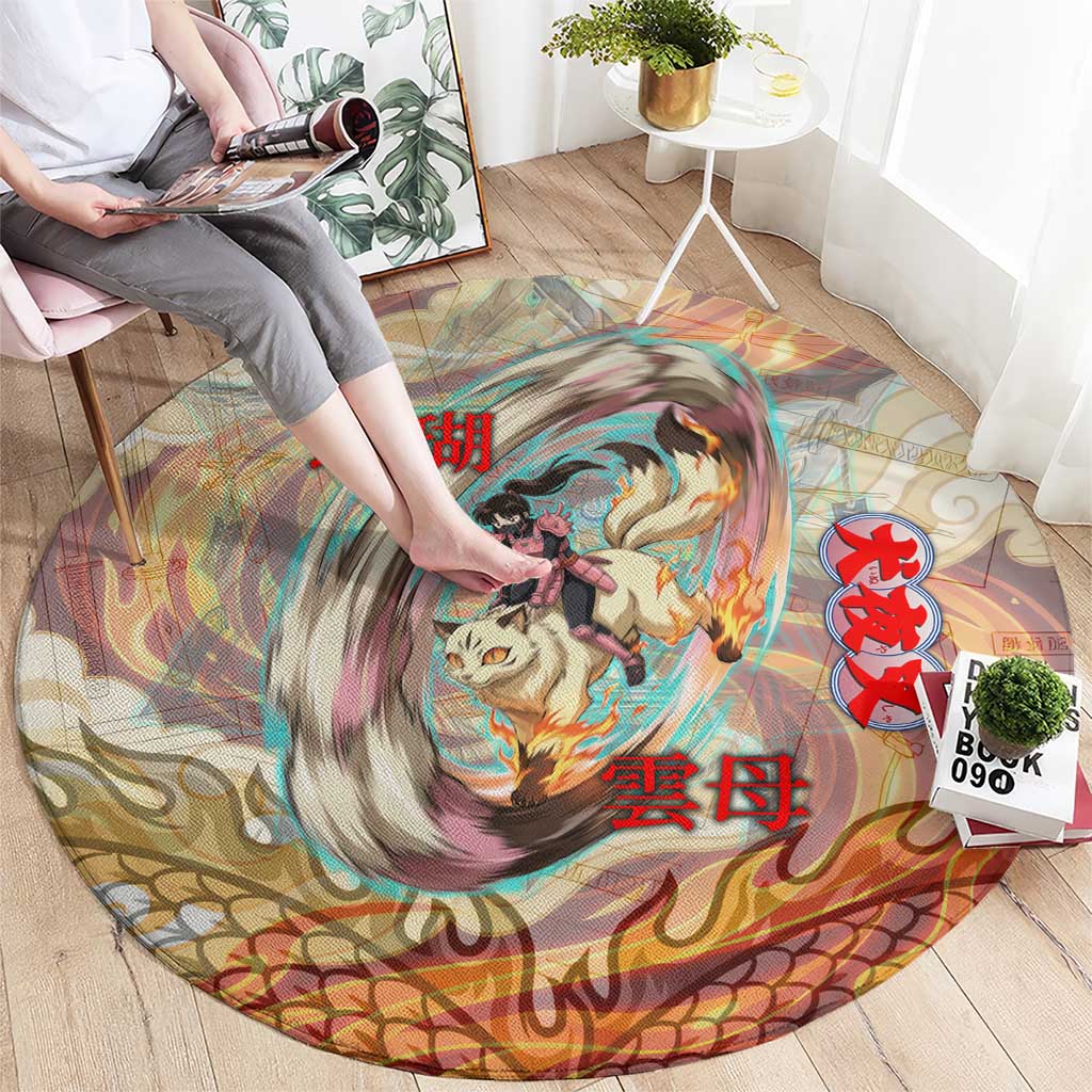 Sango and Kirara Inuyasha Series Round Carpet Mythical Anime Style with Flame and Scale Motif
