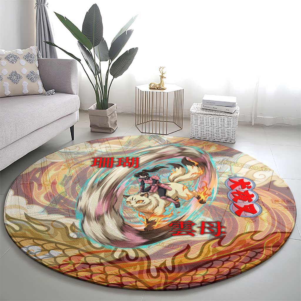 Sango and Kirara Inuyasha Series Round Carpet Mythical Anime Style with Flame and Scale Motif