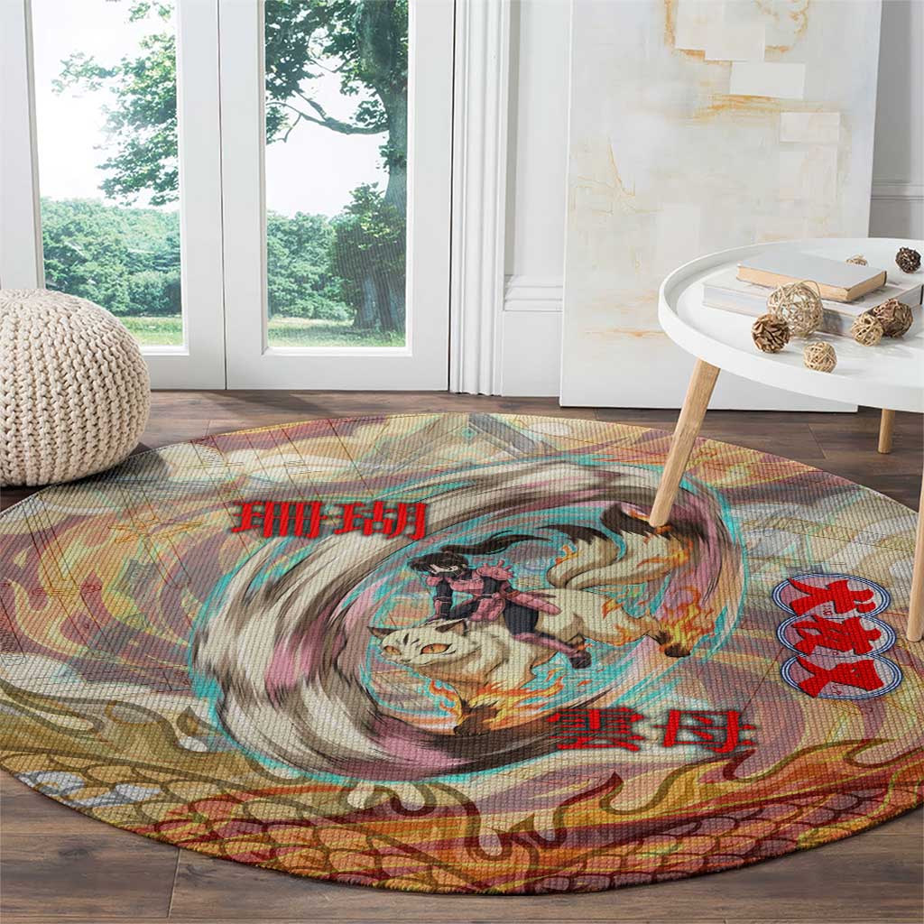 Sango and Kirara Inuyasha Series Round Carpet Mythical Anime Style with Flame and Scale Motif