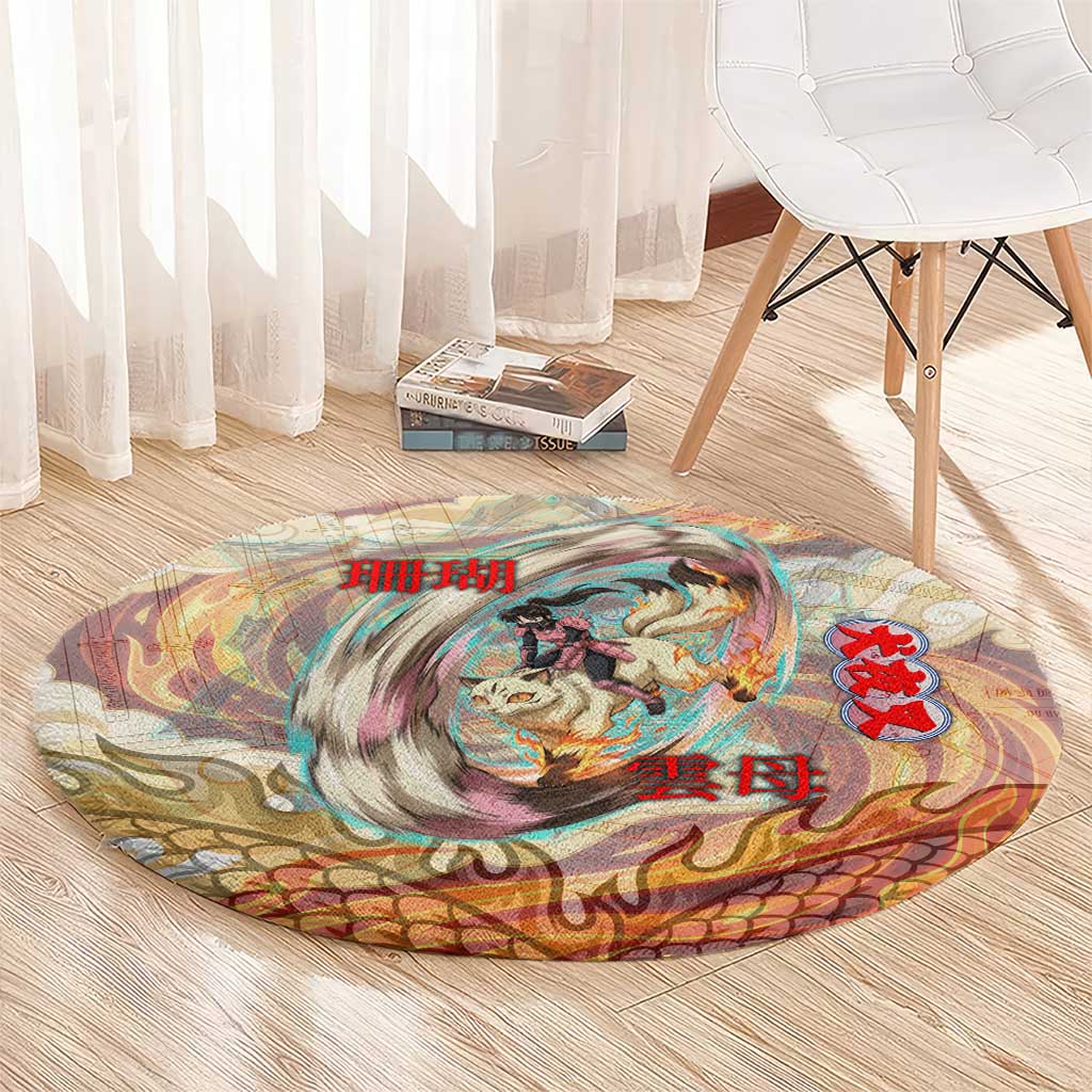 Sango and Kirara Inuyasha Series Round Carpet Mythical Anime Style with Flame and Scale Motif
