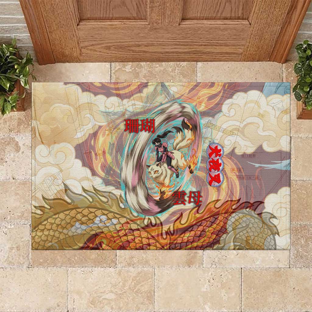 Sango and Kirara Inuyasha Series Rubber Doormat Mythical Anime Style with Flame and Scale Motif
