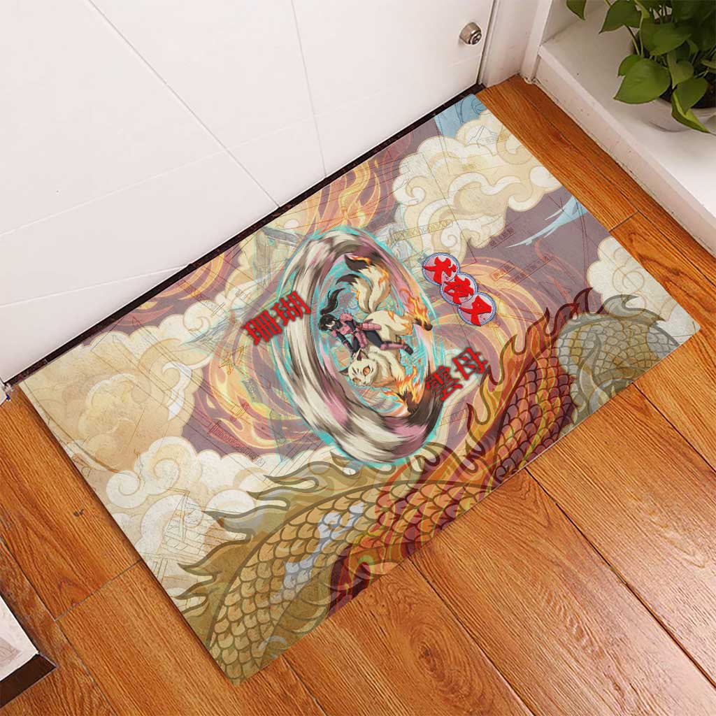 Sango and Kirara Inuyasha Series Rubber Doormat Mythical Anime Style with Flame and Scale Motif