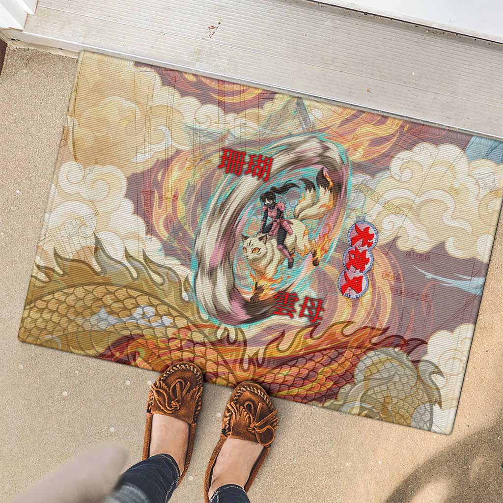 Sango and Kirara Inuyasha Series Rubber Doormat Mythical Anime Style with Flame and Scale Motif