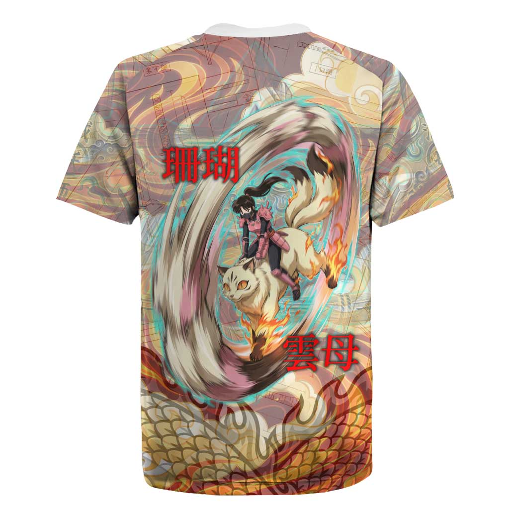 Sango and Kirara Inuyasha Series Rugby Jersey Mythical Anime Style with Flame and Scale Motif