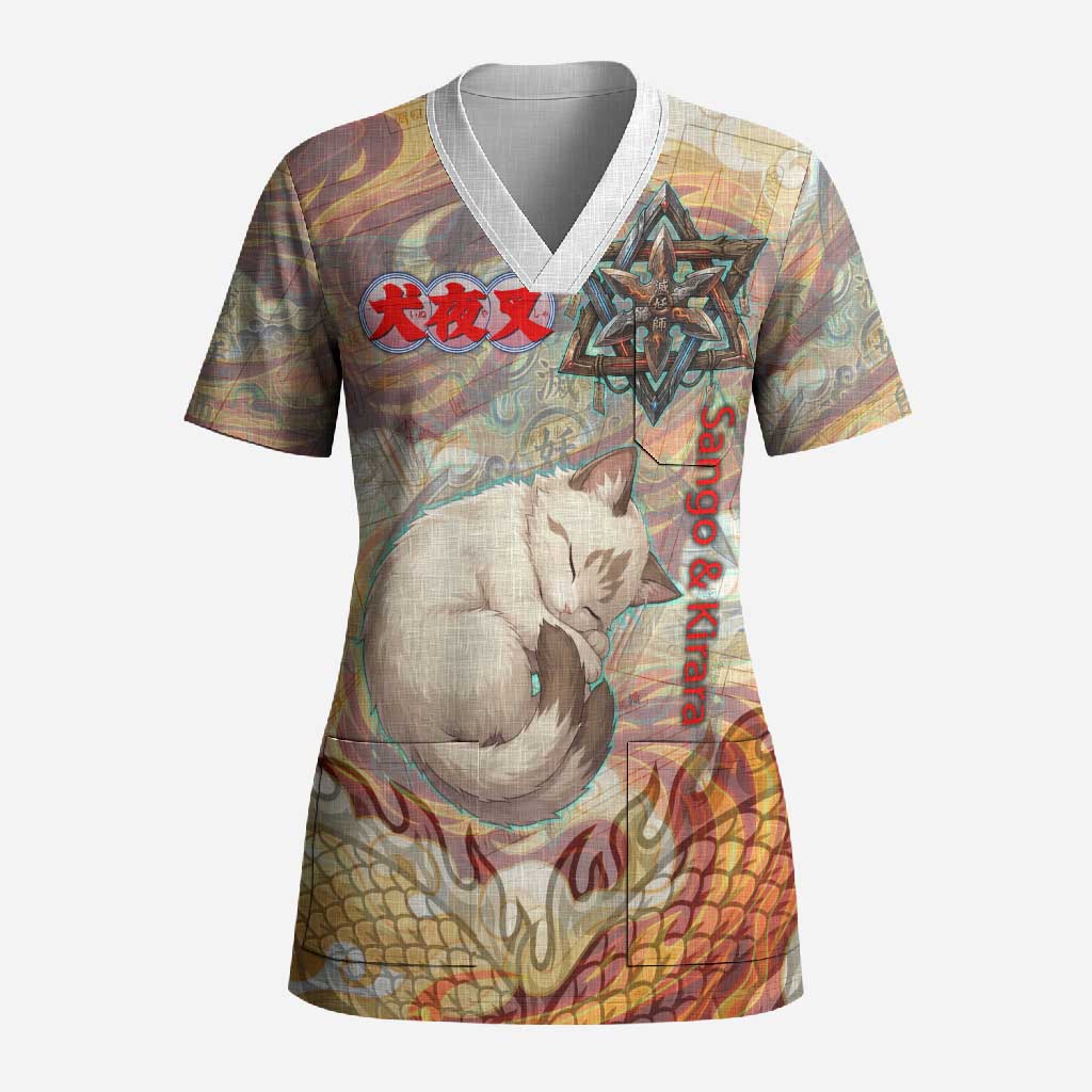 Sango and Kirara Inuyasha Series Scrub Top Mythical Anime Style with Flame and Scale Motif