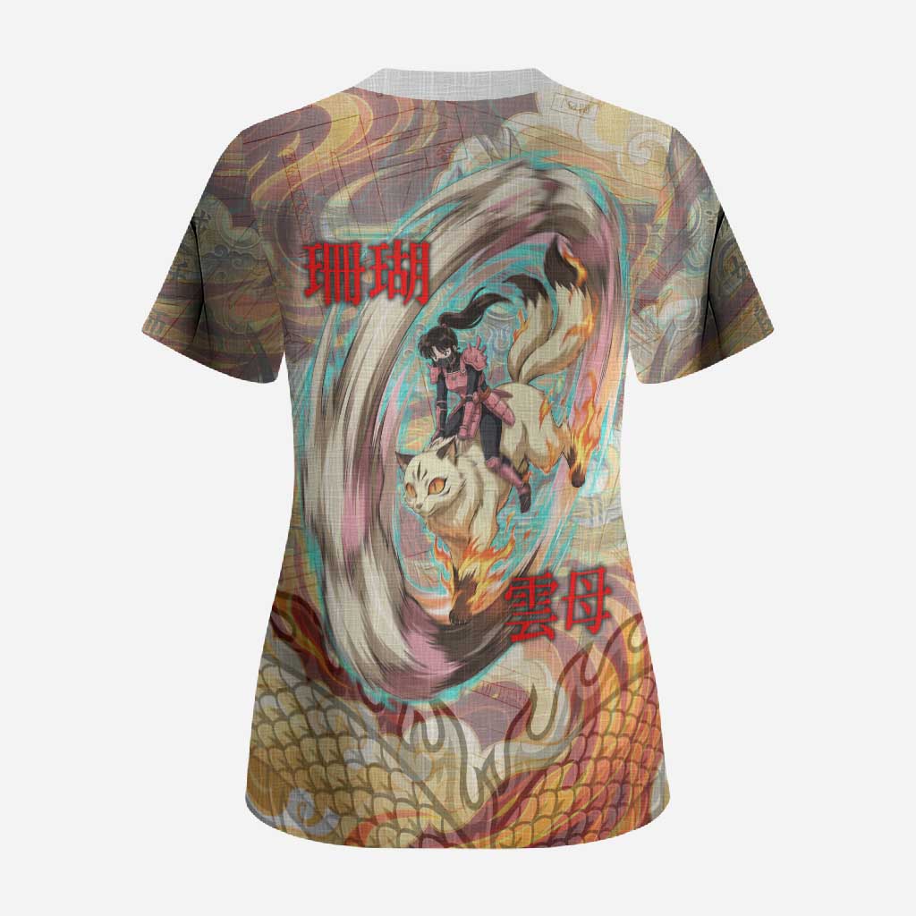 Sango and Kirara Inuyasha Series Scrub Top Mythical Anime Style with Flame and Scale Motif