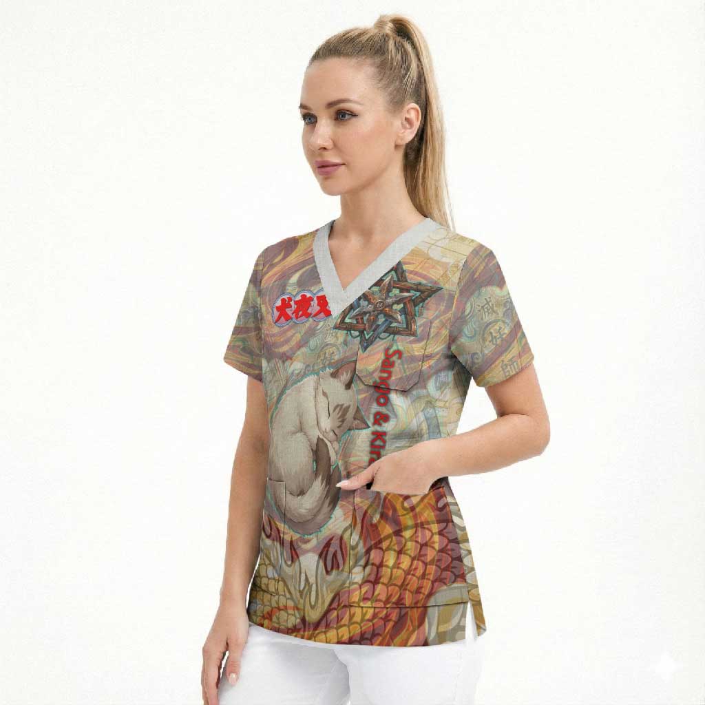 Sango and Kirara Inuyasha Series Scrub Top Mythical Anime Style with Flame and Scale Motif