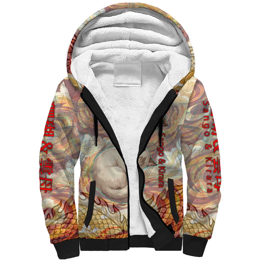 Sango and Kirara Inuyasha Series Sherpa Hoodie Mythical Anime Style with Flame and Scale Motif