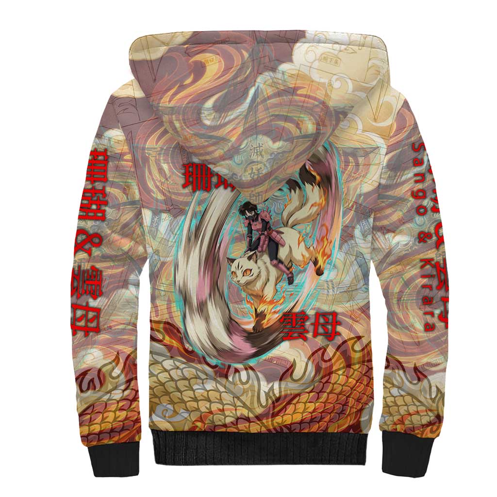 Sango and Kirara Inuyasha Series Sherpa Hoodie Mythical Anime Style with Flame and Scale Motif