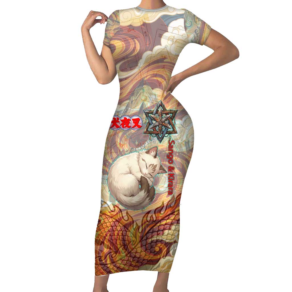 Sango and Kirara Inuyasha Series Short Sleeve Bodycon Dress Mythical Anime Style with Flame and Scale Motif