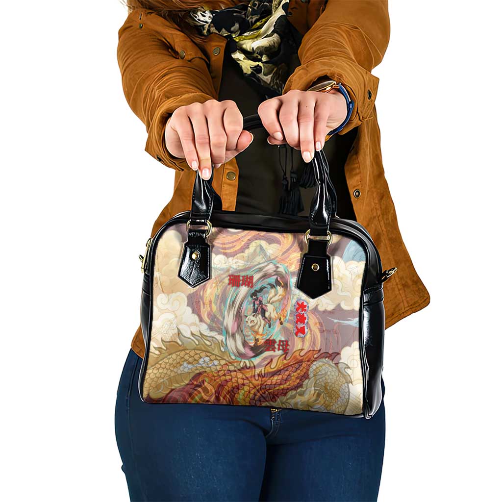 Sango and Kirara Inuyasha Series Shoulder Handbag Mythical Anime Style with Flame and Scale Motif