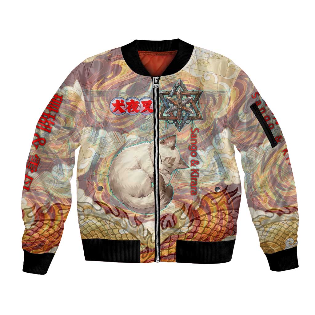 Sango and Kirara Inuyasha Series Sleeve Zip Bomber Jacket Mythical Anime Style with Flame and Scale Motif