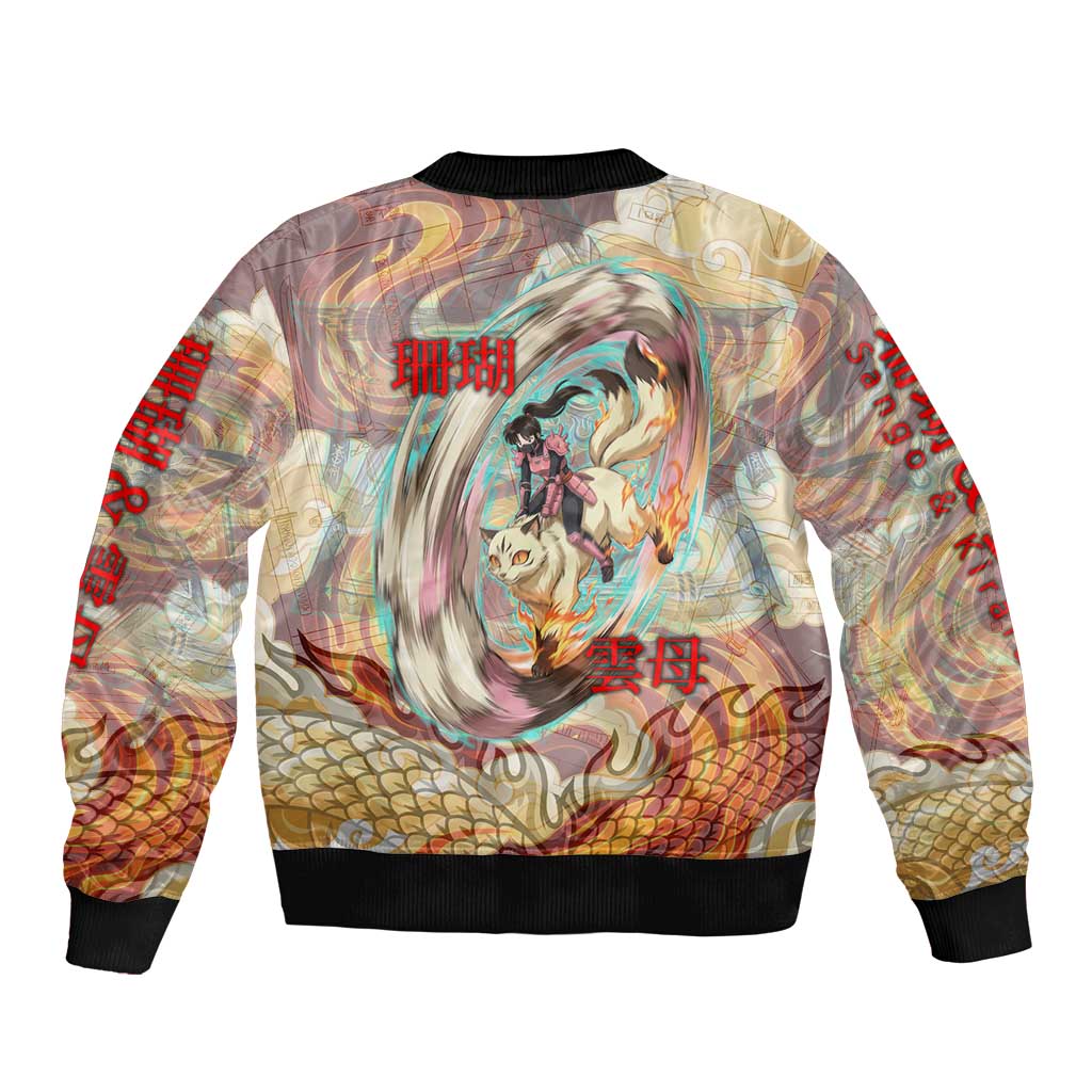 Sango and Kirara Inuyasha Series Sleeve Zip Bomber Jacket Mythical Anime Style with Flame and Scale Motif