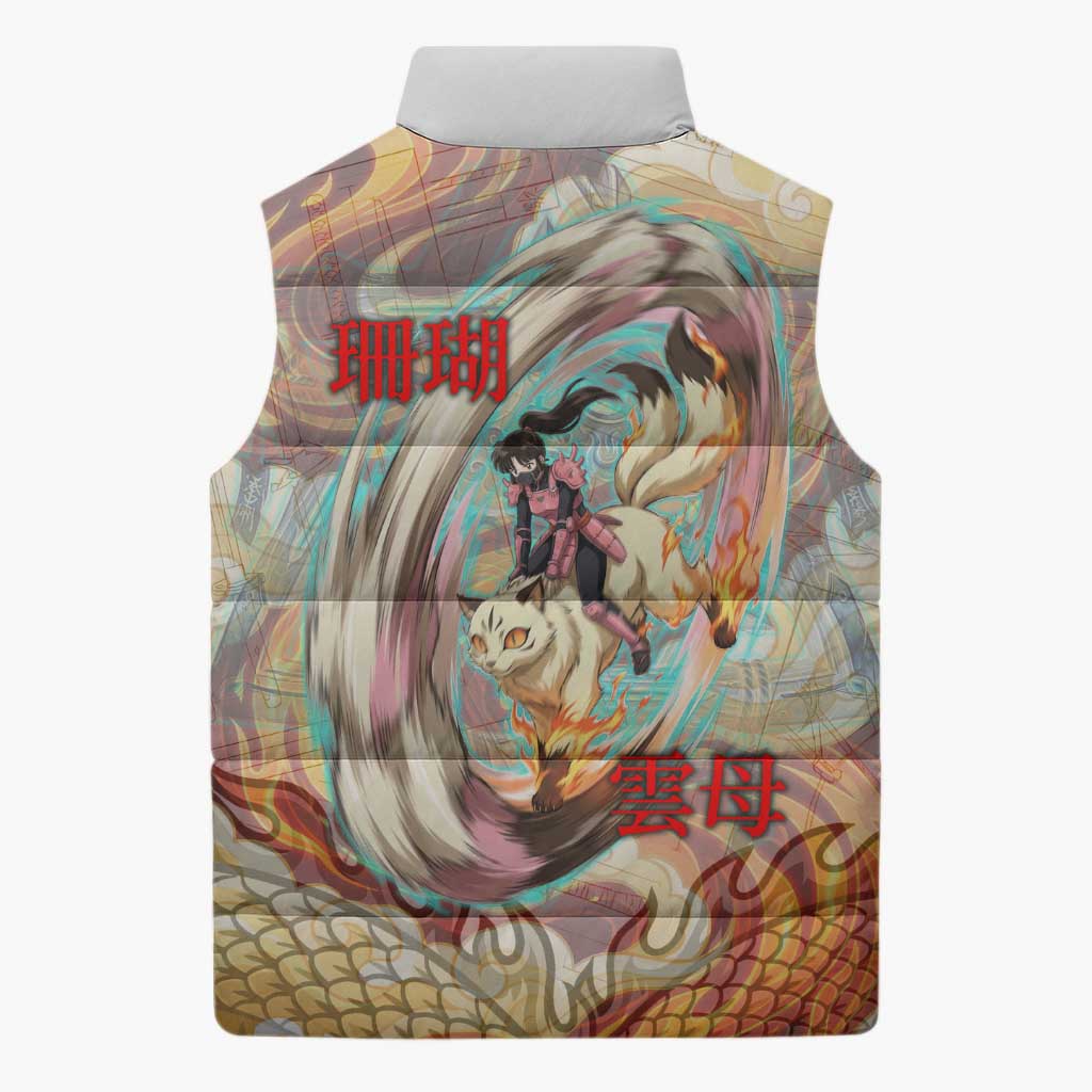 Sango and Kirara Inuyasha Series Sleeveless Puffer Jacket Mythical Anime Style with Flame and Scale Motif