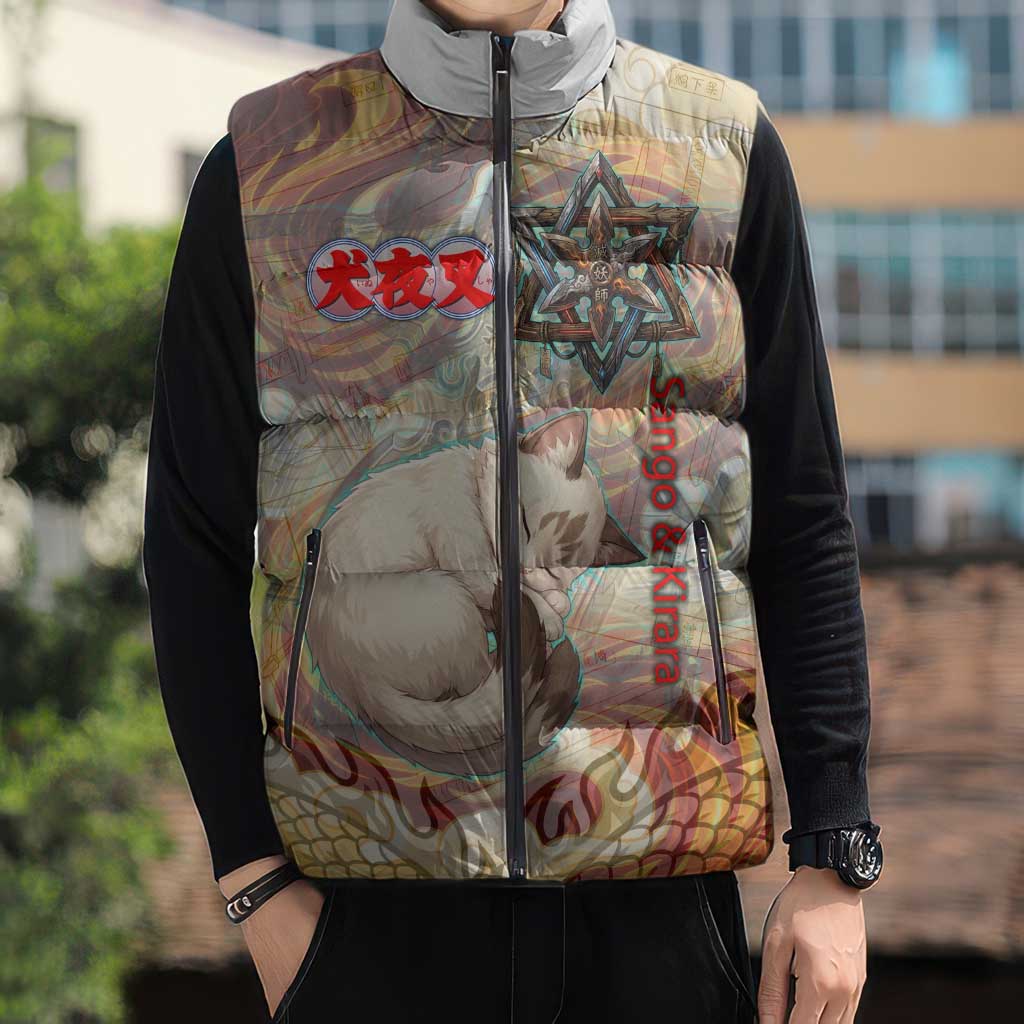 Sango and Kirara Inuyasha Series Sleeveless Puffer Jacket Mythical Anime Style with Flame and Scale Motif