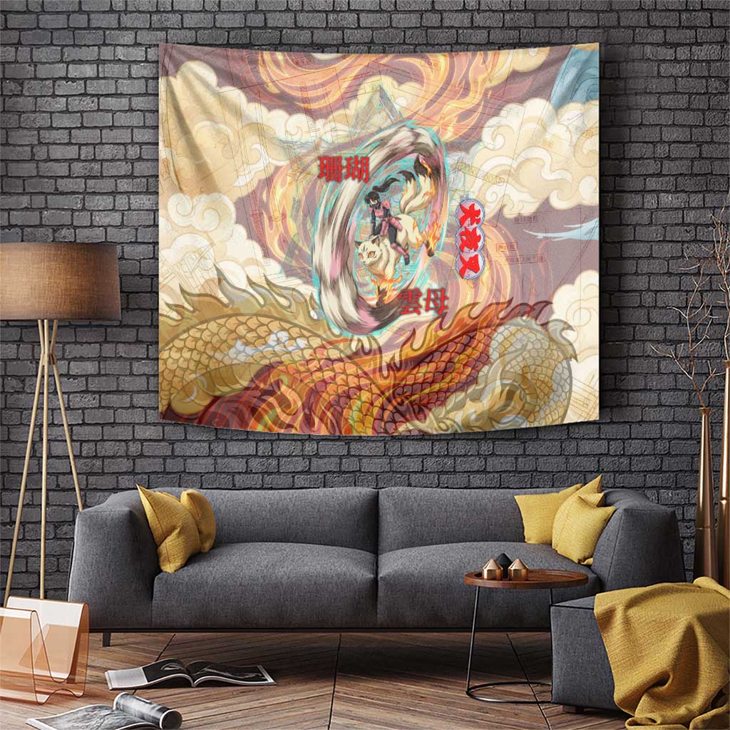 Sango and Kirara Inuyasha Series Tapestry Mythical Anime Style with Flame and Scale Motif