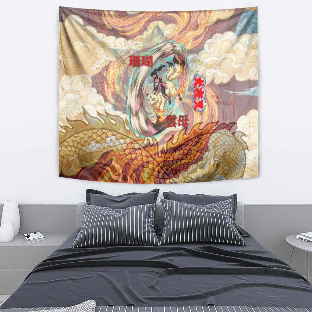 Sango and Kirara Inuyasha Series Tapestry Mythical Anime Style with Flame and Scale Motif