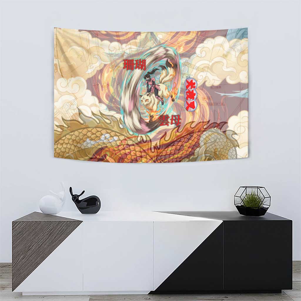 Sango and Kirara Inuyasha Series Tapestry Mythical Anime Style with Flame and Scale Motif