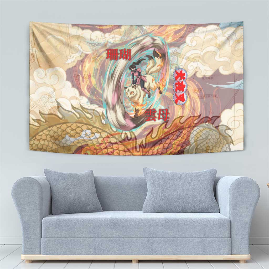 Sango and Kirara Inuyasha Series Tapestry Mythical Anime Style with Flame and Scale Motif