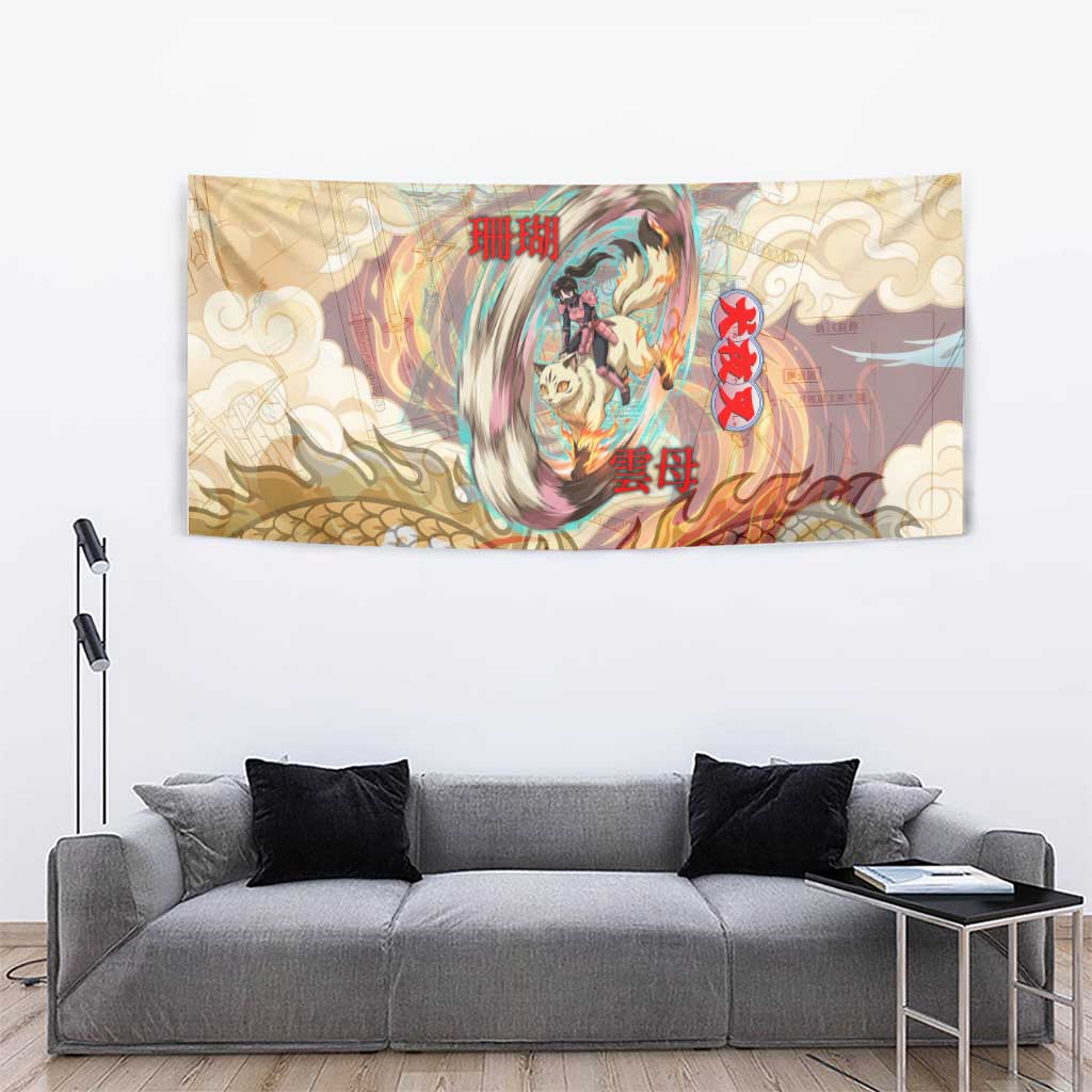 Sango and Kirara Inuyasha Series Tapestry Mythical Anime Style with Flame and Scale Motif