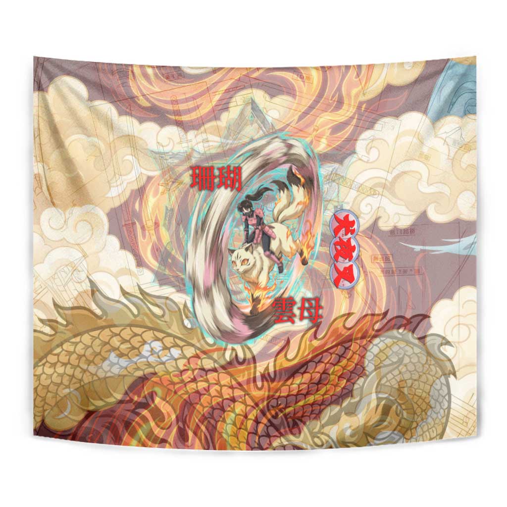 Sango and Kirara Inuyasha Series Tapestry Mythical Anime Style with Flame and Scale Motif
