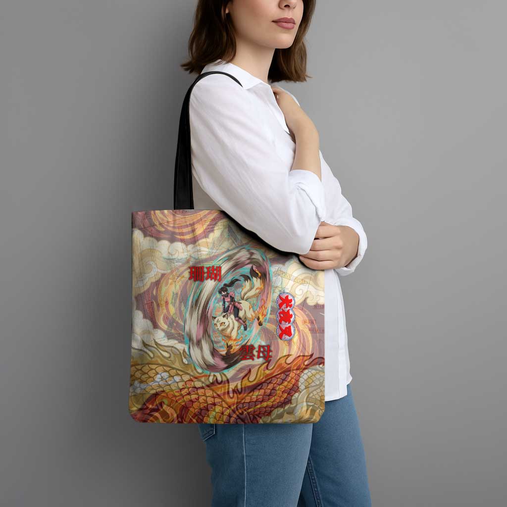 Sango and Kirara Inuyasha Series Tote Bag Mythical Anime Style with Flame and Scale Motif