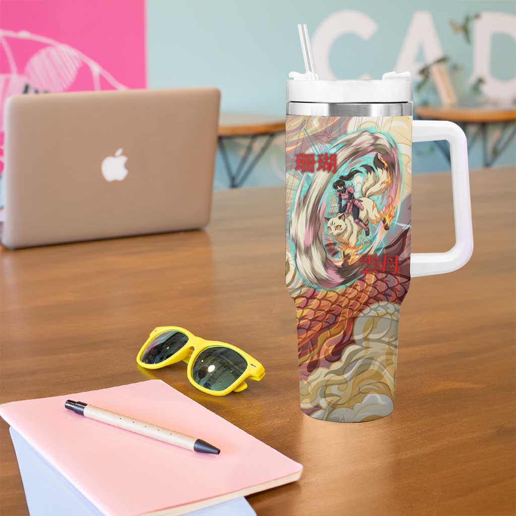 Sango and Kirara Inuyasha Series Tumbler With Handle Mythical Anime Style with Flame and Scale Motif
